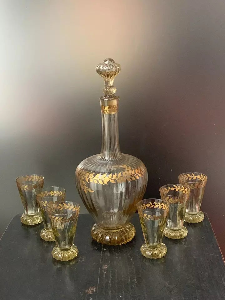 エミールガレの初期作品 エナメルガラスで作られたデカンタ + グラス6点セット 金彩ガラス