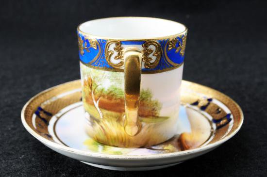 ００８　オールドノリタケ　「白鳥の湖」風景図　カップ＆ソーサー