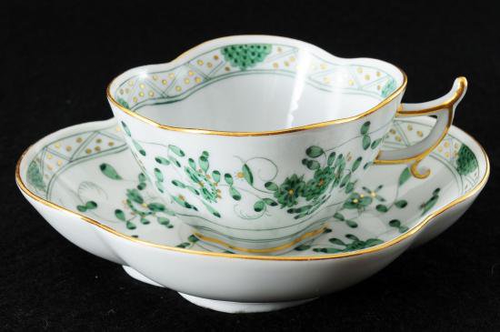 １１２　マイセン meissen インドの華リッチ グリーン カップ&ソーサー 1級品