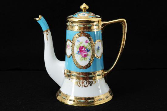 ０１９　オールド ノリタケ 金彩ジュエル花柄コーヒーポット ブルー