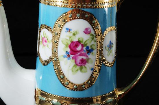 ０１９　オールド ノリタケ 金彩ジュエル花柄コーヒーポット ブルー