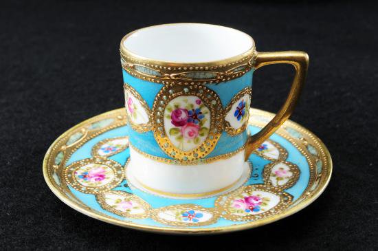 ０２０　オールド ノリタケ 金彩ジュエル花柄カップ＆ソーサー ブルー