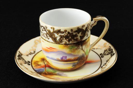 ０２４　オールドノリタケ 金彩・手描き風景図　カップ＆ソーサー