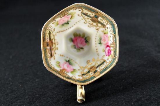 オールドノリタケ 金盛手彩ローズ花輪六角 カップ＆ソーサー