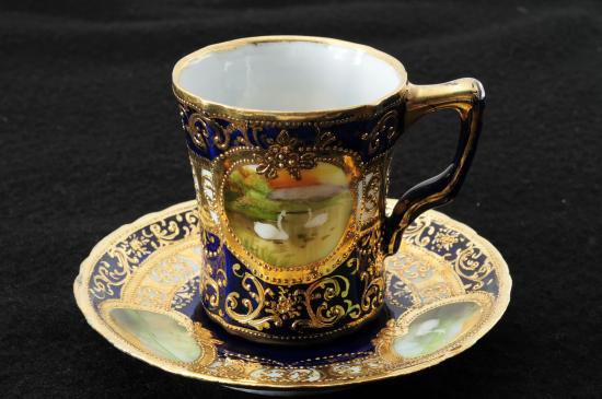 ０２８　オールドノリタケ コバルト 白鳥・湖風景画 カップ＆ソーサー