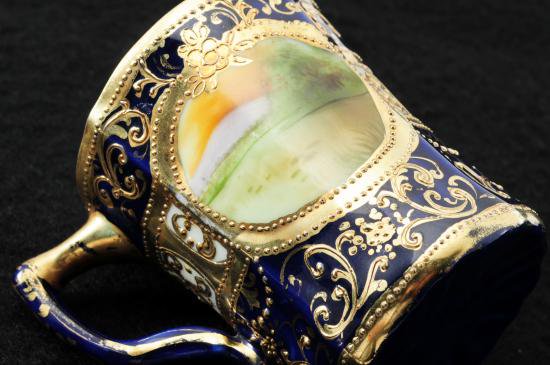 ０２８　オールドノリタケ コバルト 白鳥・湖風景画 カップ＆ソーサー