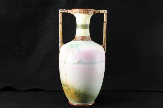 ０３３　オールドノリタケ Noritake 盛上げ 花瓶 海辺とやしの木