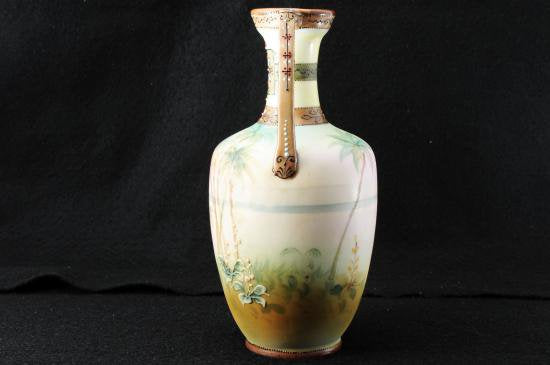 ０３３　オールドノリタケ Noritake 盛上げ 花瓶 海辺とやしの木