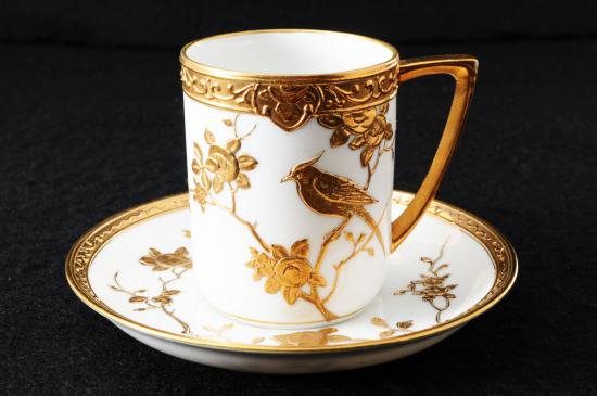 ０３７　オールドノリタケ・金盛上装飾花鳥図紋 カップ＆ソーサー