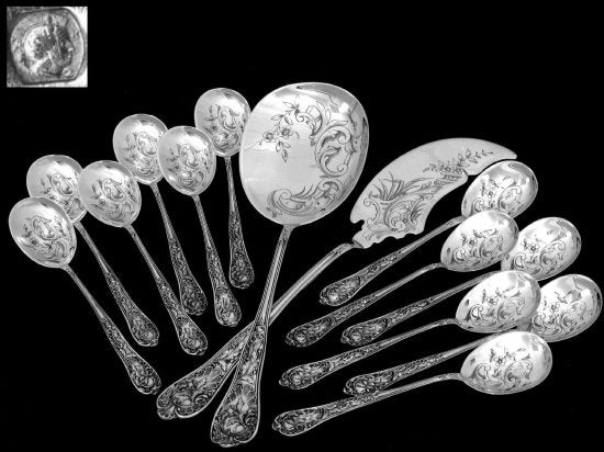 ０４９　エドモンドBONNESCOEUR作　フランス製ロココ調全純銀アイスクリーム用食器１４点セット、箱付き