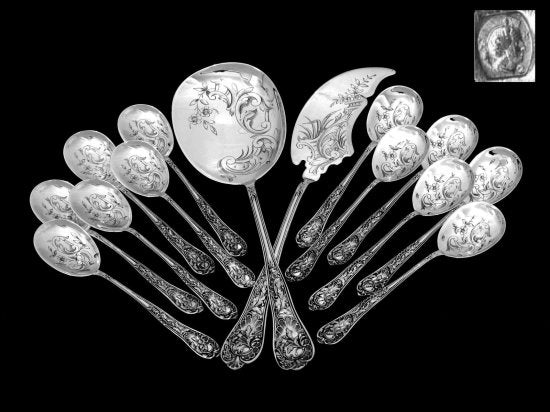 ０４９　エドモンドBONNESCOEUR作　フランス製ロココ調全純銀アイスクリーム用食器１４点セット、箱付き