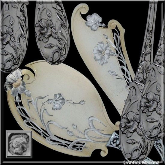 ０５２　フランソワ レバ作　珍しいフランス製アールヌーボー 全純銀ヴェルメイユアイスクリーム用食器２点セット