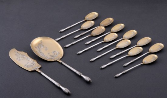 ０９３　フランス製アンティークスターリングシルバー＆ヴェルメイユアイスクリーム用食器１４点セット