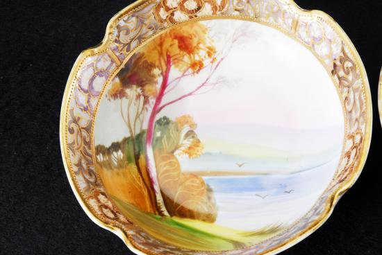 ０４３　オールドノリタケ・金彩手彩色風景図　ボウル大・小セット