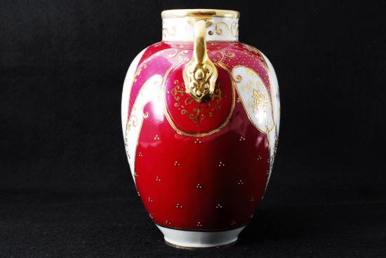 ０４４　オールドノリタケ 花柄金&チェリーレッド　金彩色薔薇　両耳飾壺