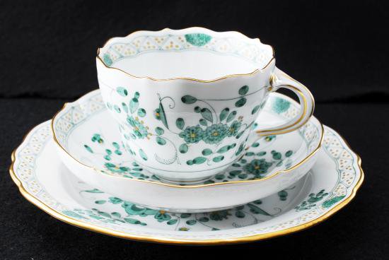 １３２　マイセン meissen インドの華　グリーン カップ&ソーサー&プレート
