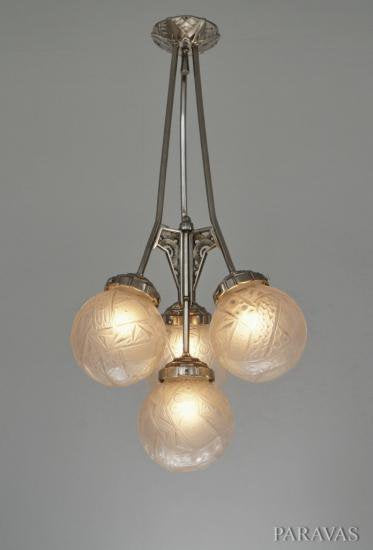 ０２９　ミューラー兄弟　朱雀紋様 【シャンデリア】アンティークランプ　アールデコ・アールヌーボー