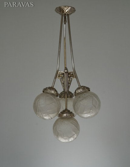 ０２９　ミューラー兄弟　朱雀紋様 【シャンデリア】アンティークランプ　アールデコ・アールヌーボー