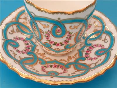 ミントン　キャビネットカップ＆ソーサー　バラとターコイズブルーのスクロール文様