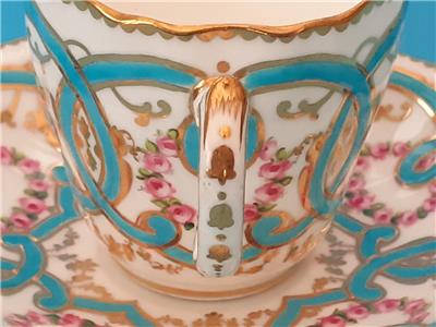 ミントン　キャビネットカップ＆ソーサー　バラとターコイズブルーのスクロール文様