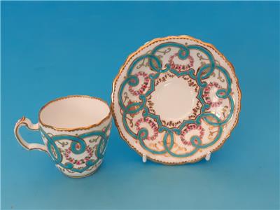 ミントン　キャビネットカップ＆ソーサー　バラとターコイズブルーのスクロール文様