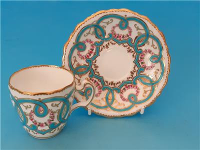 ミントン　キャビネットカップ＆ソーサー　バラとターコイズブルーのスクロール文様