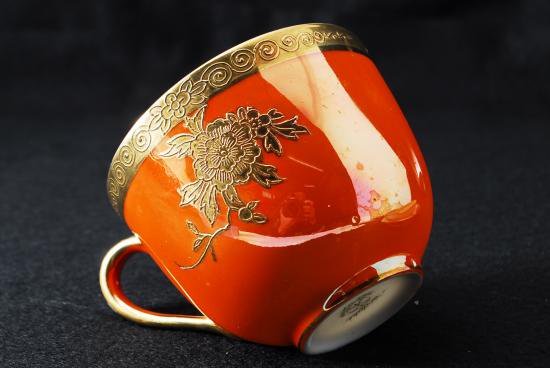 ０６１　オールドノリタケ・金盛橙ラスター彩花鳥図紋 トリオセット