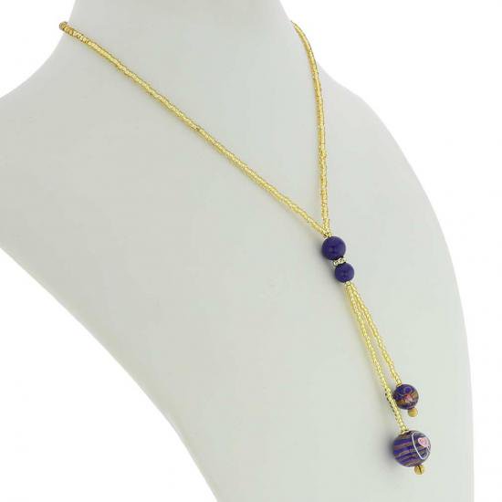 ４９６　イタリア製 ベネチアングラス（ヴェネチア、ムラノガラス）ブルーとゴールドのアクセサリー（ペンダント、ネックレス）