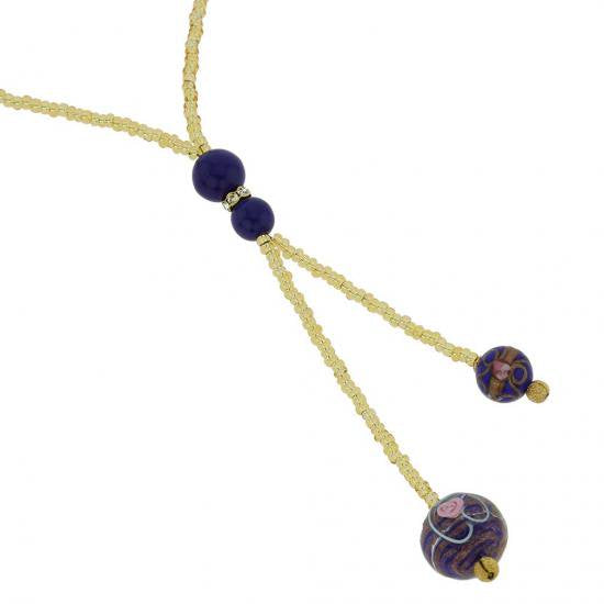 ４９６　イタリア製 ベネチアングラス（ヴェネチア、ムラノガラス）ブルーとゴールドのアクセサリー（ペンダント、ネックレス）