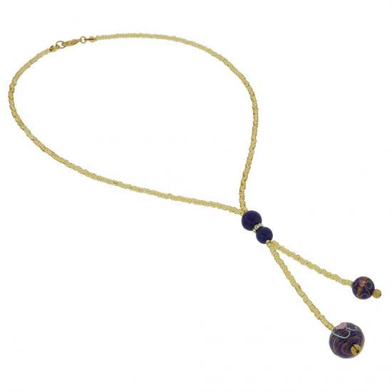 ４９６　イタリア製 ベネチアングラス（ヴェネチア、ムラノガラス）ブルーとゴールドのアクセサリー（ペンダント、ネックレス）