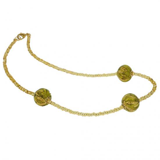 ４９７　イタリア製 ベネチアングラス（ヴェネチア、ムラノガラス）グリーンとゴールドのアクセサリー（ペンダント、ネックレス）