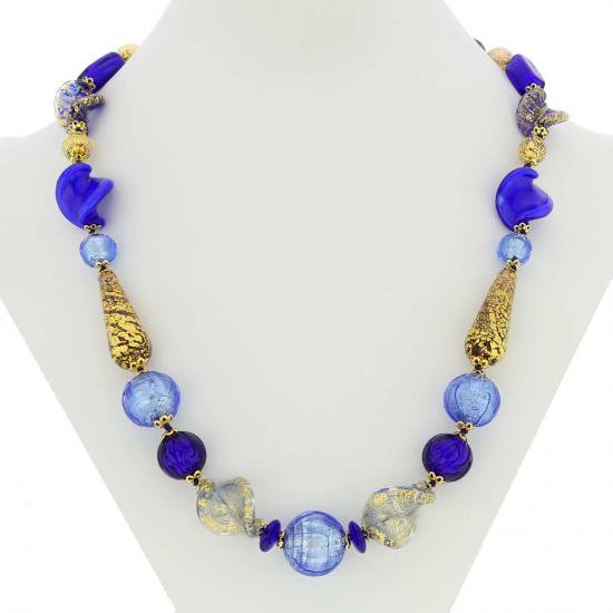 ５００　イタリア製 ベネチアングラス（ヴェネチア、ムラノガラス）ブルーとゴールドのアクセサリー（ペンダント、ネックレス）