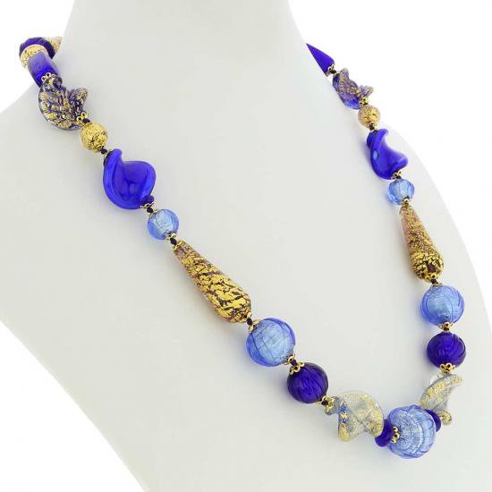 ５００　イタリア製 ベネチアングラス（ヴェネチア、ムラノガラス）ブルーとゴールドのアクセサリー（ペンダント、ネックレス）