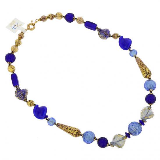 ５００　イタリア製 ベネチアングラス（ヴェネチア、ムラノガラス）ブルーとゴールドのアクセサリー（ペンダント、ネックレス）