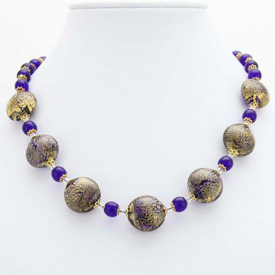 ５０３　イタリア製 ベネチアングラス（ヴェネチア、ムラノガラス）ブルーとゴールドのアクセサリー（ペンダント、ネックレス）