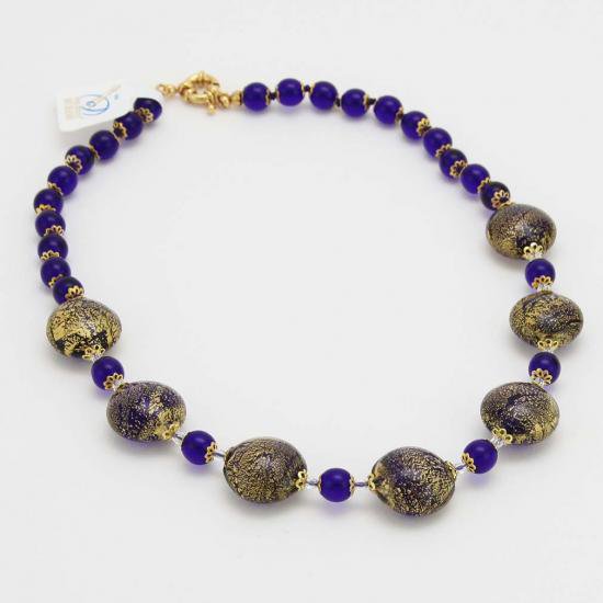 ５０３　イタリア製 ベネチアングラス（ヴェネチア、ムラノガラス）ブルーとゴールドのアクセサリー（ペンダント、ネックレス）