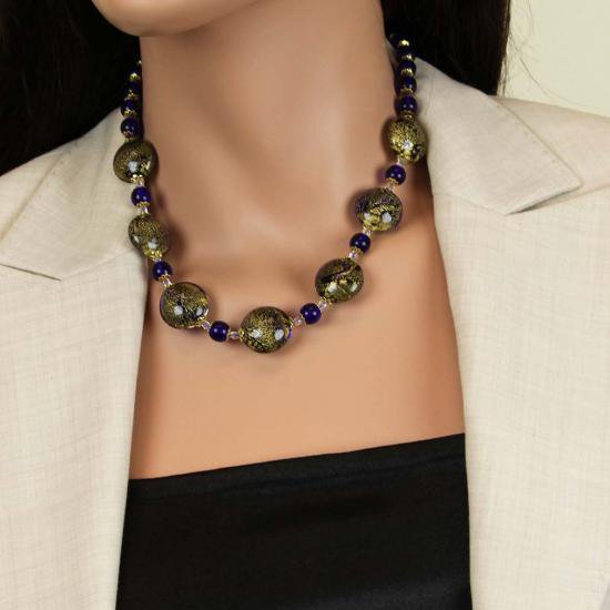 ５０３　イタリア製 ベネチアングラス（ヴェネチア、ムラノガラス）ブルーとゴールドのアクセサリー（ペンダント、ネックレス）