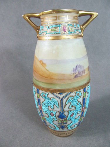 １０１　オールドノリタケ　 エナメル盛風景文花瓶