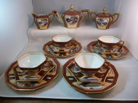 １１４　オールドノリタケ　水辺風景のティーセット　15点