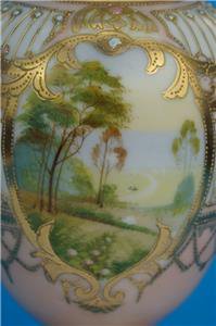 １２３　オールドノリタケ　風景画花瓶　金彩ジュエル