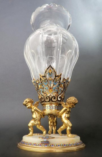 ０９５　バカラ　大きなフランス製ブロンズ(シャンルヴェエナメル)とクリスタルの花瓶