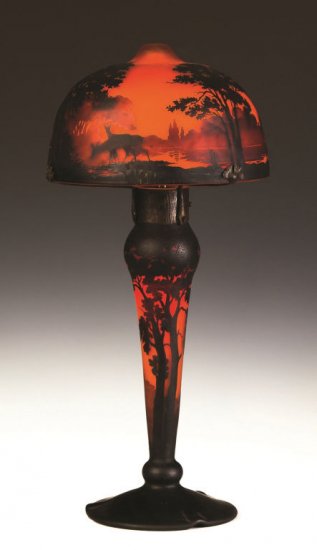 ミューラー兄弟　夕焼けの湖水風景カメオガラスのランプ