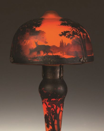 ミューラー兄弟　夕焼けの湖水風景カメオガラスのランプ