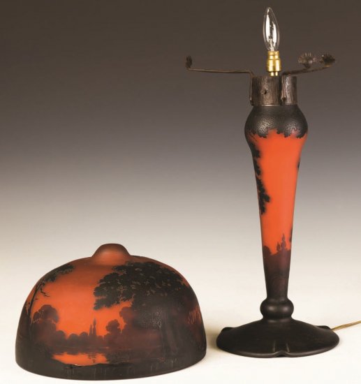 ミューラー兄弟　夕焼けの湖水風景カメオガラスのランプ