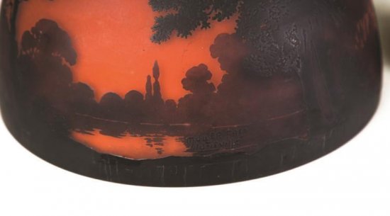 ミューラー兄弟　夕焼けの湖水風景カメオガラスのランプ