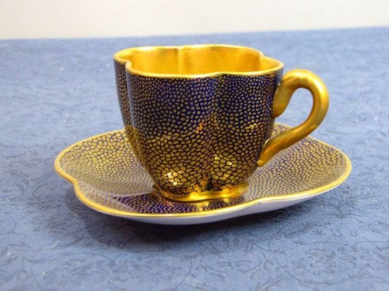 ０１９　コールポート　四つ葉のデミタスカップ＆ソーサー　コバルト＆ゴールド