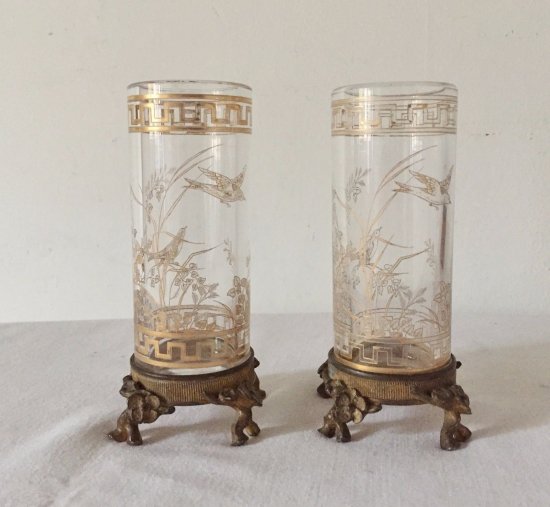 １２７　バカラ　ブロンズ土台付きガラスのペア花瓶　ジャポニズム