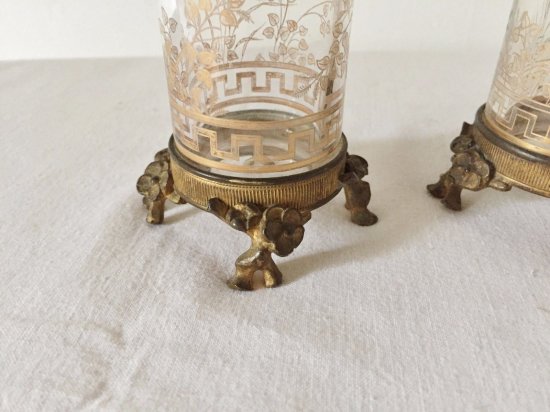 １２７　バカラ　ブロンズ土台付きガラスのペア花瓶　ジャポニズム