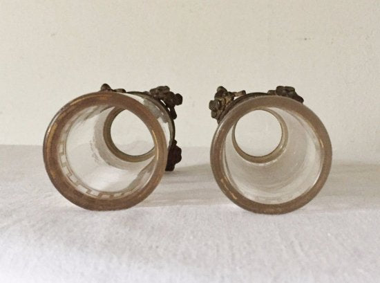 １２７　バカラ　ブロンズ土台付きガラスのペア花瓶　ジャポニズム