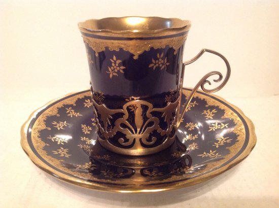 ０２０　コールポート　純銀ホルダー付きコバルトブルーとゴールドのカップ＆ソーサー